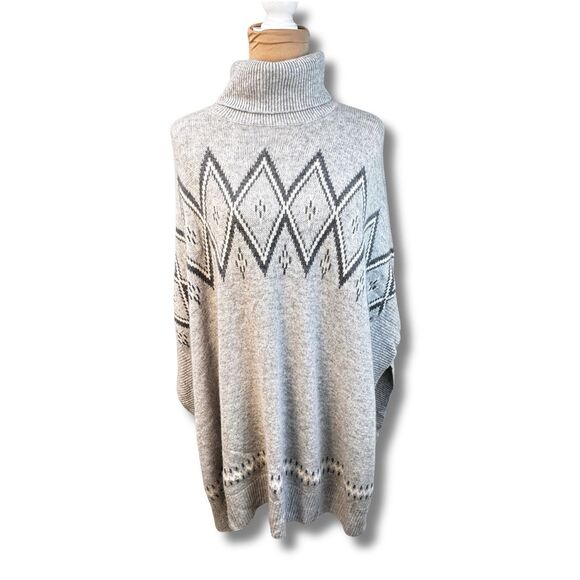 Orvis Wool Cashmere Nordic Fair Isle Poncho Cape Sweater Gray Diamond One Size - Picture 1 of 13